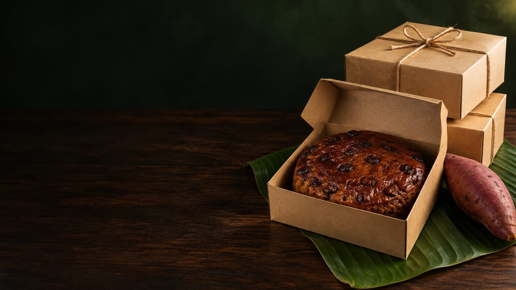 Kraft bakery boxes tied with twine, one open to show a whole Pen Patat, ready for pickup